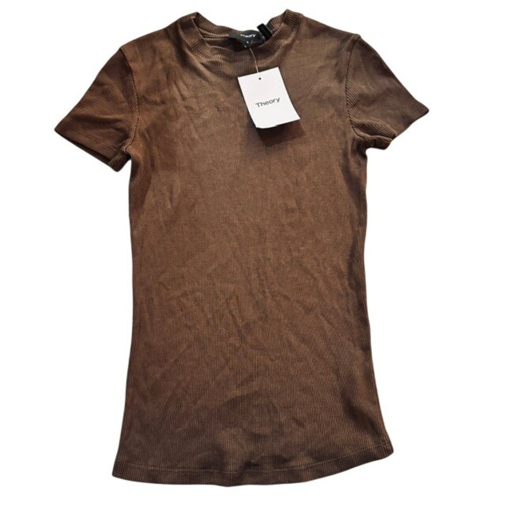 Theory Tiny Tee 2 Mink Brown Compact Rib Mock Neck Short Sleeve Top Size S NWT